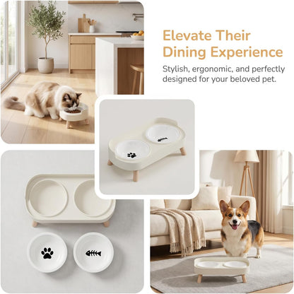 Elevated Ceramic Cat Bowls, 2 Pack Anti-Whisker Fatigue Food and Water Bowls, Non-Slip Raised Feeder for Cats and Small Dogs (Yellow)