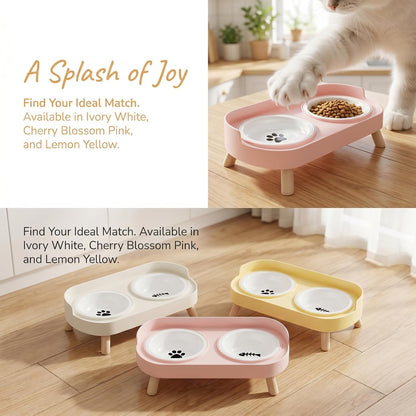 Elevated Ceramic Cat Bowls, 2 Pack Anti-Whisker Fatigue Food and Water Bowls, Non-Slip Raised Feeder for Cats and Small Dogs (Yellow)