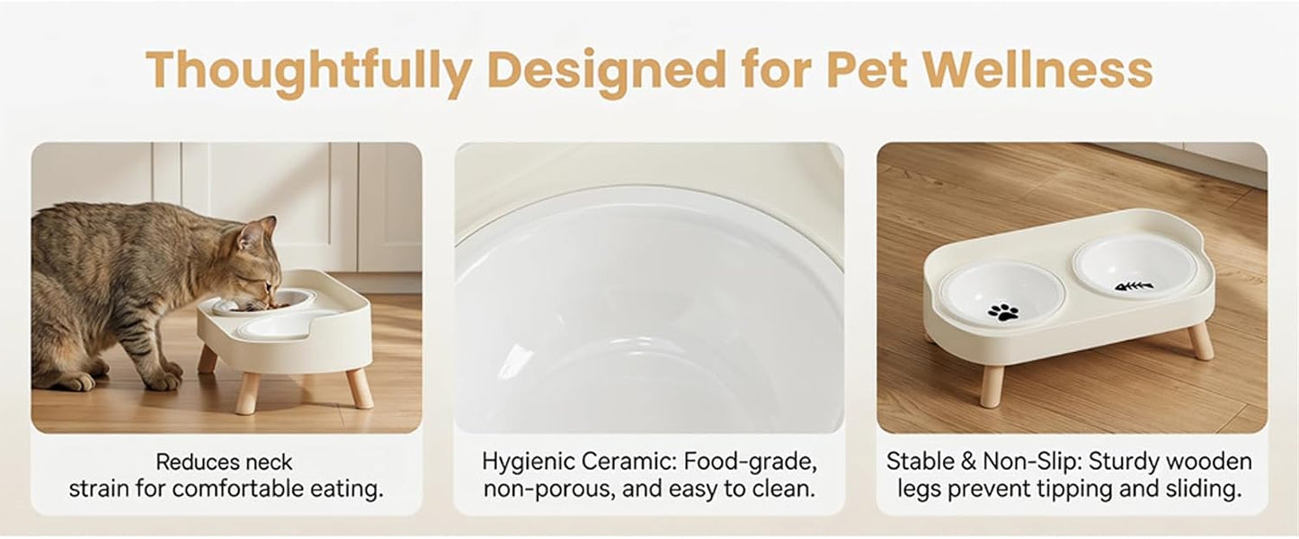 Elevated Ceramic Cat Bowls, 2 Pack Anti-Whisker Fatigue Food and Water Bowls, Non-Slip Raised Feeder for Cats and Small Dogs (Yellow)