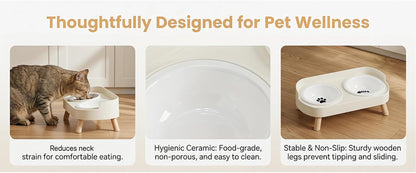 Elevated Ceramic Cat Bowls, 2 Pack Anti-Whisker Fatigue Food and Water Bowls, Non-Slip Raised Feeder for Cats and Small Dogs (Yellow)
