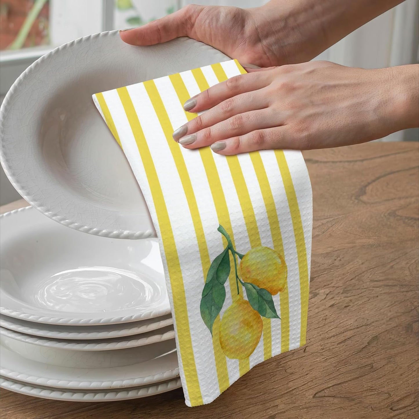 Yellow Cute Kitchen Towels – Lemon Branch on Yellow Stripes Polyester, Fresh Fruit Art, Decorative Kitchen Towels & Giftable Housewarming Gifts for Coffee Bar, Tea Room. 16"x24"(222)