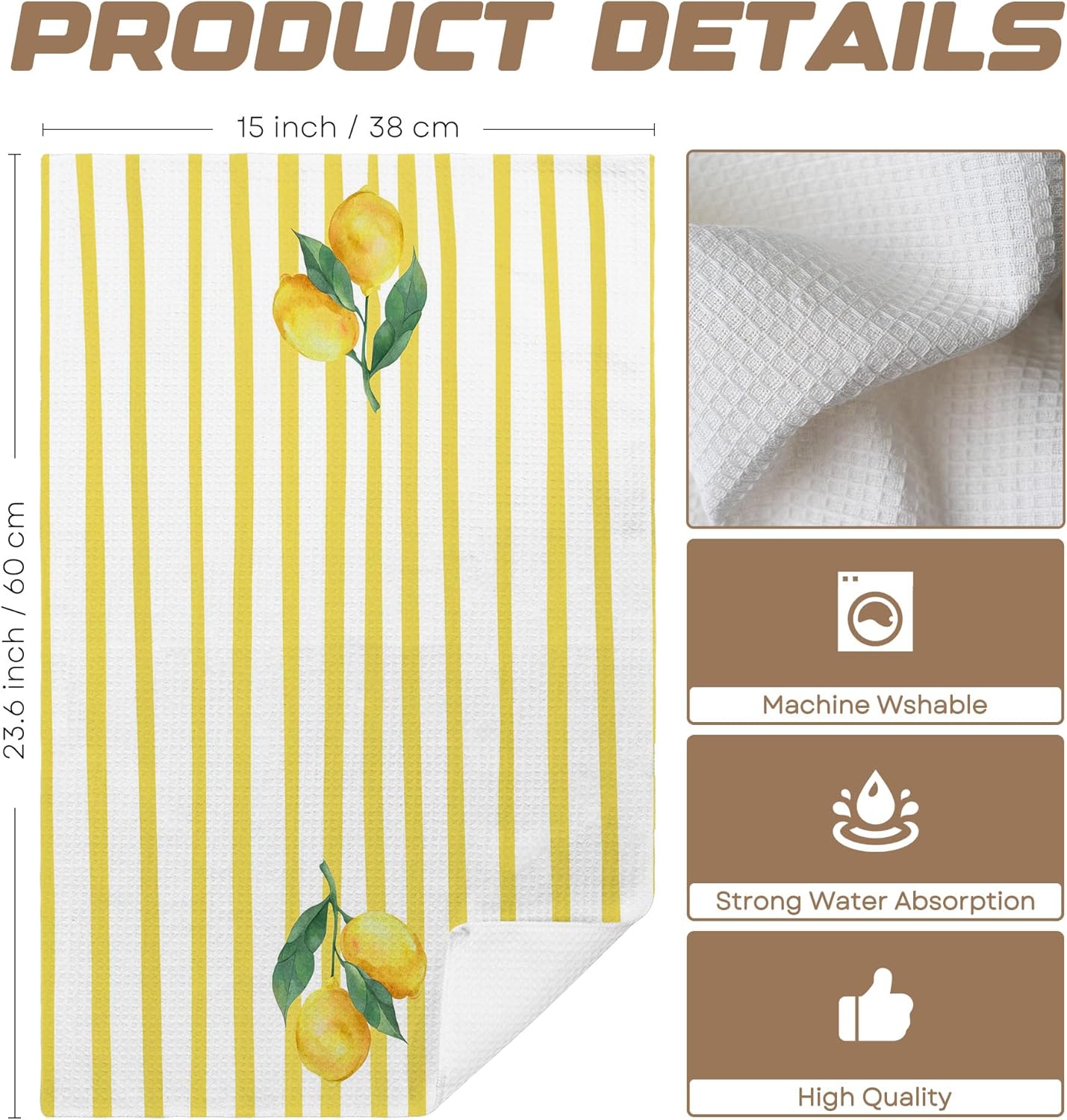 Yellow Cute Kitchen Towels – Lemon Branch on Yellow Stripes Polyester, Fresh Fruit Art, Decorative Kitchen Towels & Giftable Housewarming Gifts for Coffee Bar, Tea Room. 16"x24"(222)