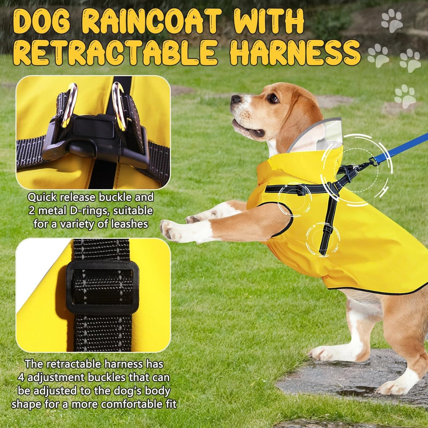 Dog Raincoat: Dog Rain Jacket with Reflective Harness & Removable Hood | Waterproof Dogs Rain Coat Poncho for Large Medium Small Dogs Puppies (Yellow - L)
