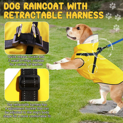 Dog Raincoat: Dog Rain Jacket with Reflective Harness & Removable Hood | Waterproof Dogs Rain Coat Poncho for Large Medium Small Dogs Puppies (Yellow - L)