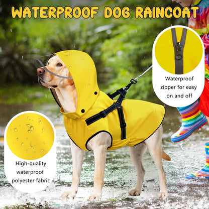 Dog Raincoat: Dog Rain Jacket with Reflective Harness & Removable Hood | Waterproof Dogs Rain Coat Poncho for Large Medium Small Dogs Puppies (Yellow - L)