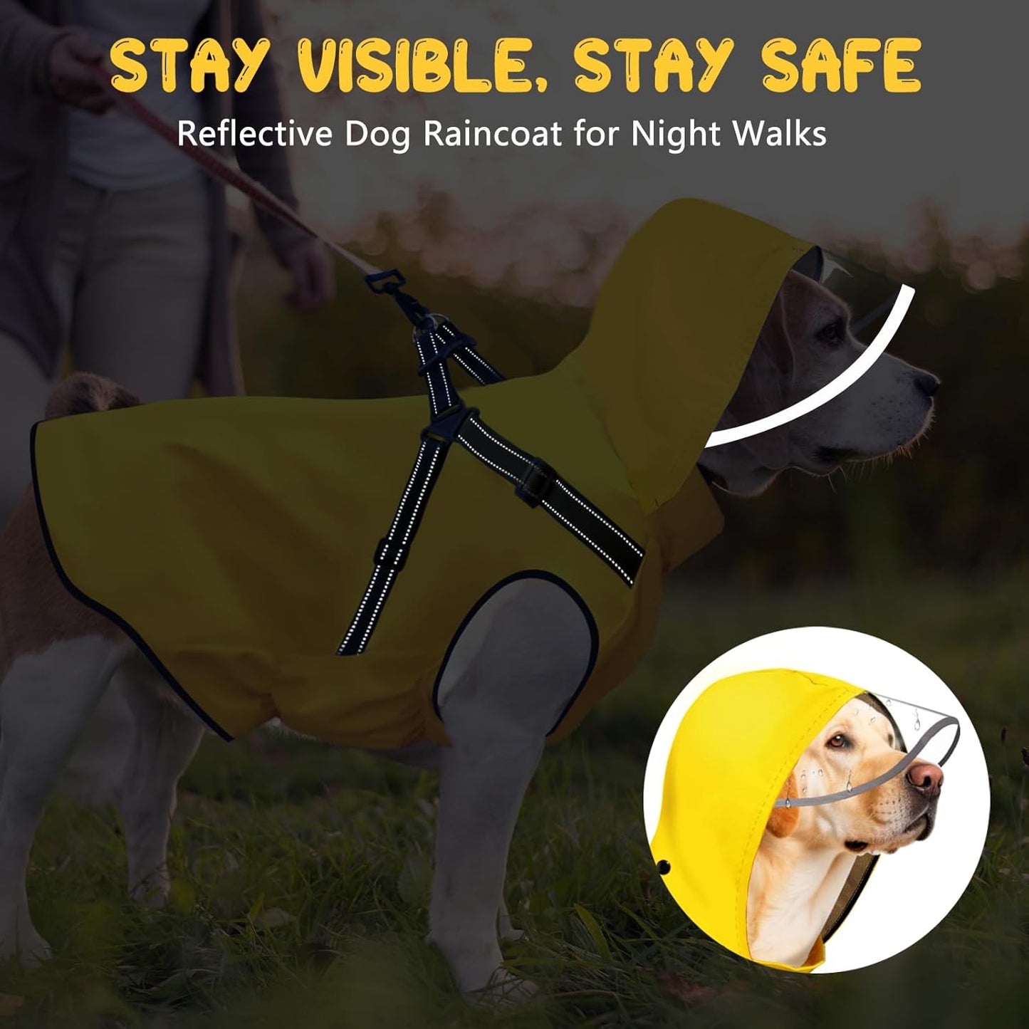 Dog Raincoat: Dog Rain Jacket with Reflective Harness & Removable Hood | Waterproof Dogs Rain Coat Poncho for Large Medium Small Dogs Puppies (Yellow - L)