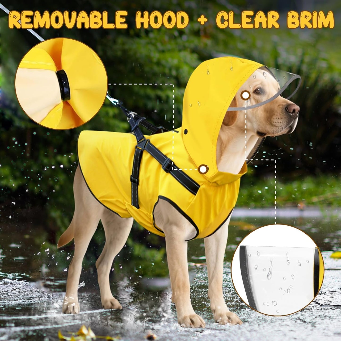 Dog Raincoat: Dog Rain Jacket with Reflective Harness & Removable Hood | Waterproof Dogs Rain Coat Poncho for Large Medium Small Dogs Puppies (Yellow - L)