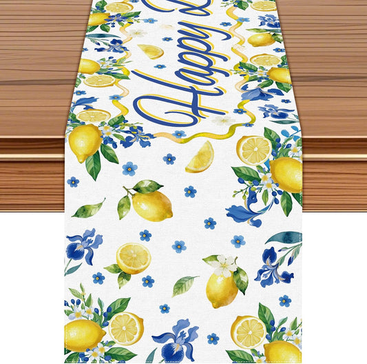 Happy Birthday Lemon Floral Table Runner, 72x13 inch | Lemon & Blue Floral Print, Birthday Party Decor, Watercolor Design, Dining Table Accent, Fruit Theme