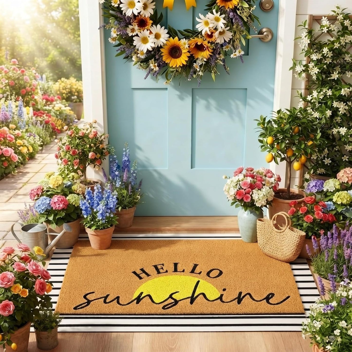 2 Pcs Summer Sunshine Door Mat Yellow Welcome Non Slip Coir Mats Stripe Floor Layering Doormats Seasonal for Front Porch Entryway Decor(Sunshine)