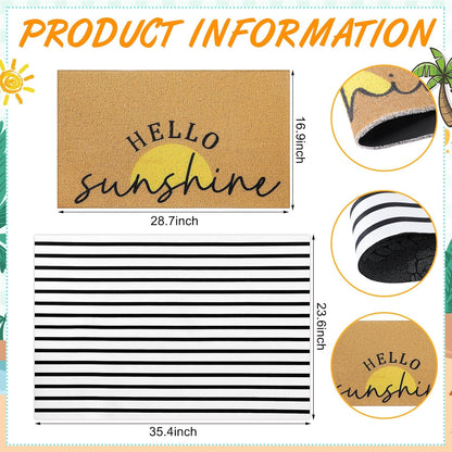 2 Pcs Summer Sunshine Door Mat Yellow Welcome Non Slip Coir Mats Stripe Floor Layering Doormats Seasonal for Front Porch Entryway Decor(Sunshine)