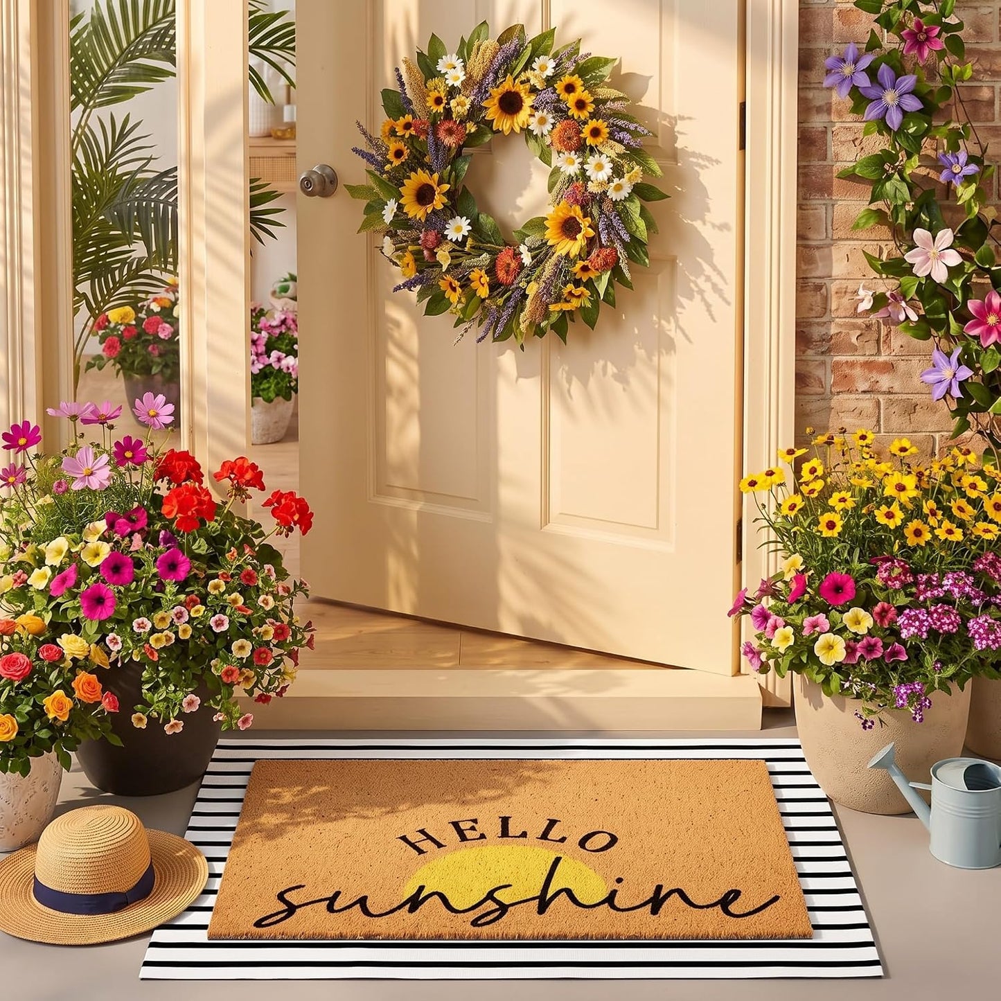 2 Pcs Summer Sunshine Door Mat Yellow Welcome Non Slip Coir Mats Stripe Floor Layering Doormats Seasonal for Front Porch Entryway Decor(Sunshine)