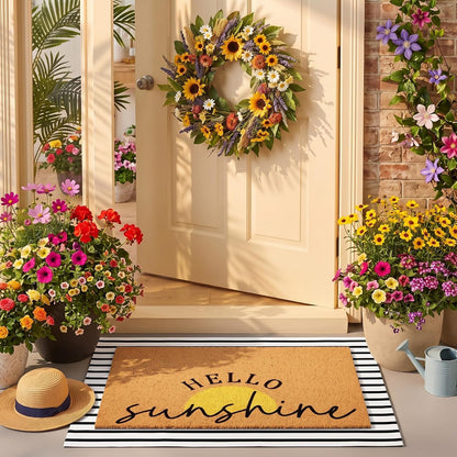 2 Pcs Summer Sunshine Door Mat Yellow Welcome Non Slip Coir Mats Stripe Floor Layering Doormats Seasonal for Front Porch Entryway Decor(Sunshine)