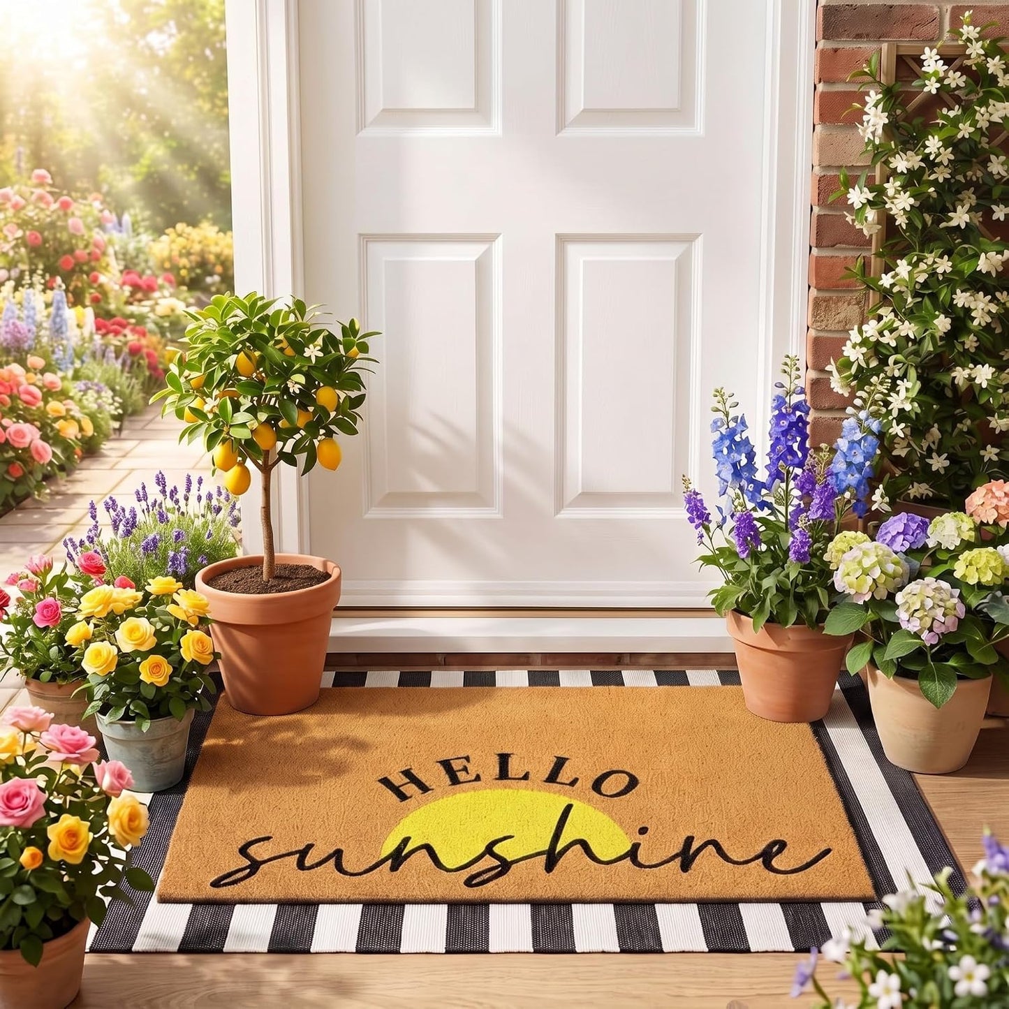2 Pcs Summer Sunshine Door Mat Yellow Welcome Non Slip Coir Mats Stripe Floor Layering Doormats Seasonal for Front Porch Entryway Decor(Sunshine)