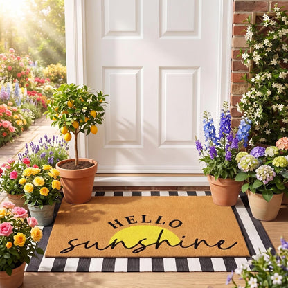 2 Pcs Summer Sunshine Door Mat Yellow Welcome Non Slip Coir Mats Stripe Floor Layering Doormats Seasonal for Front Porch Entryway Decor(Sunshine)