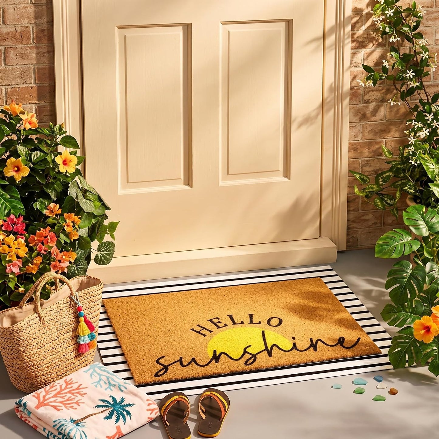 2 Pcs Summer Sunshine Door Mat Yellow Welcome Non Slip Coir Mats Stripe Floor Layering Doormats Seasonal for Front Porch Entryway Decor(Sunshine)