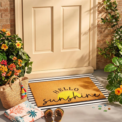 2 Pcs Summer Sunshine Door Mat Yellow Welcome Non Slip Coir Mats Stripe Floor Layering Doormats Seasonal for Front Porch Entryway Decor(Sunshine)