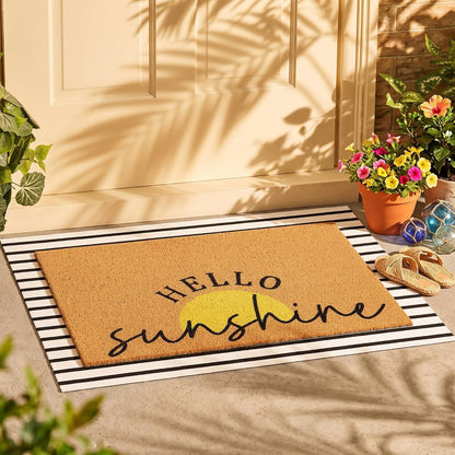 2 Pcs Summer Sunshine Door Mat Yellow Welcome Non Slip Coir Mats Stripe Floor Layering Doormats Seasonal for Front Porch Entryway Decor(Sunshine)