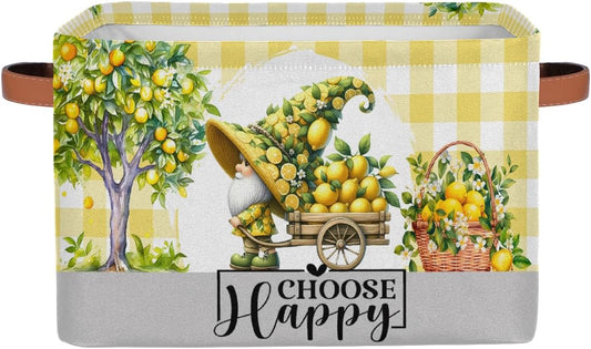 Gnome Lemon Storage Basket Toy Storage Bins Collapsible Cube Organizer | Gnome Yellow Lemon Storage Basket With Handles Kids Toy Storage Bins for Nursery Living Room Bedroom Shelves Clothes Toy Box