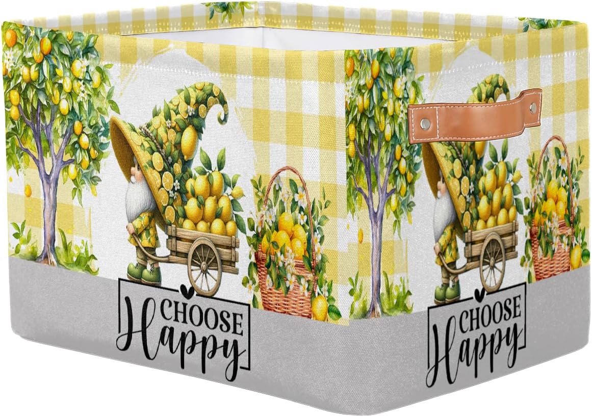Gnome Lemon Storage Basket Toy Storage Bins Collapsible Cube Organizer | Gnome Yellow Lemon Storage Basket With Handles Kids Toy Storage Bins for Nursery Living Room Bedroom Shelves Clothes Toy Box