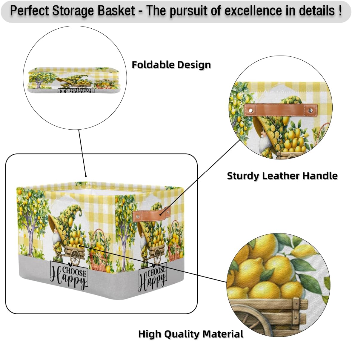 Gnome Lemon Storage Basket Toy Storage Bins Collapsible Cube Organizer | Gnome Yellow Lemon Storage Basket With Handles Kids Toy Storage Bins for Nursery Living Room Bedroom Shelves Clothes Toy Box
