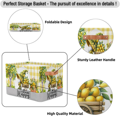 Gnome Lemon Storage Basket Toy Storage Bins Collapsible Cube Organizer | Gnome Yellow Lemon Storage Basket With Handles Kids Toy Storage Bins for Nursery Living Room Bedroom Shelves Clothes Toy Box