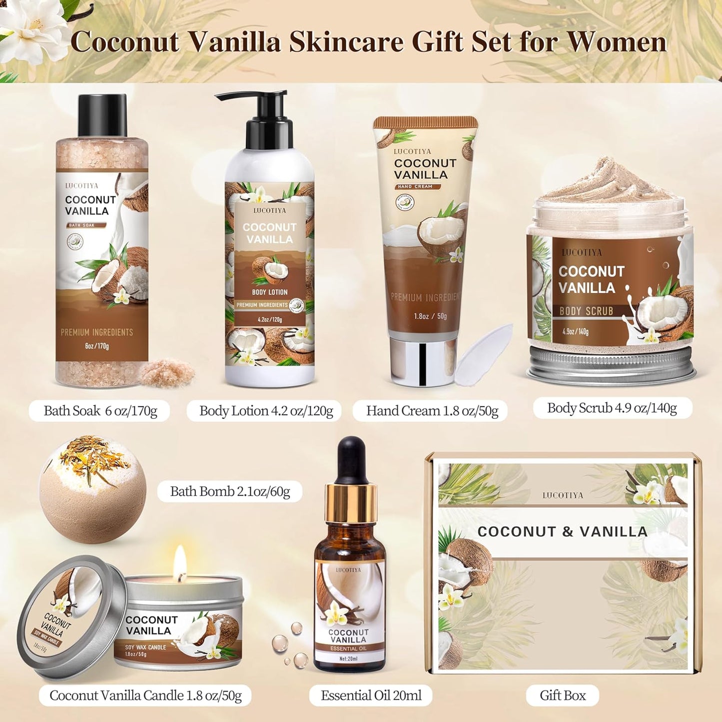 Gifts for Women, Birthday Gifts for Women, Coconut Vanilla Self Care Spa Gift Basket,Thank you Relaxing Bath Sets for Mom, Grandma, Girlfriend, Sister, Friends