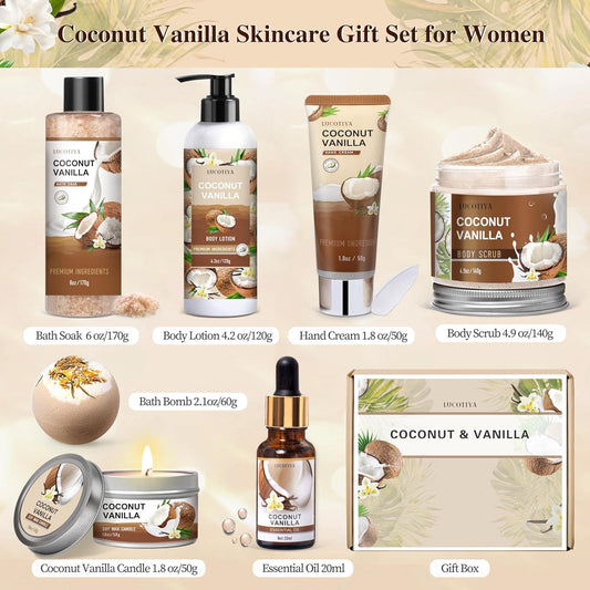 Gifts for Women, Birthday Gifts for Women, Coconut Vanilla Self Care Spa Gift Basket,Thank you Relaxing Bath Sets for Mom, Grandma, Girlfriend, Sister, Friends