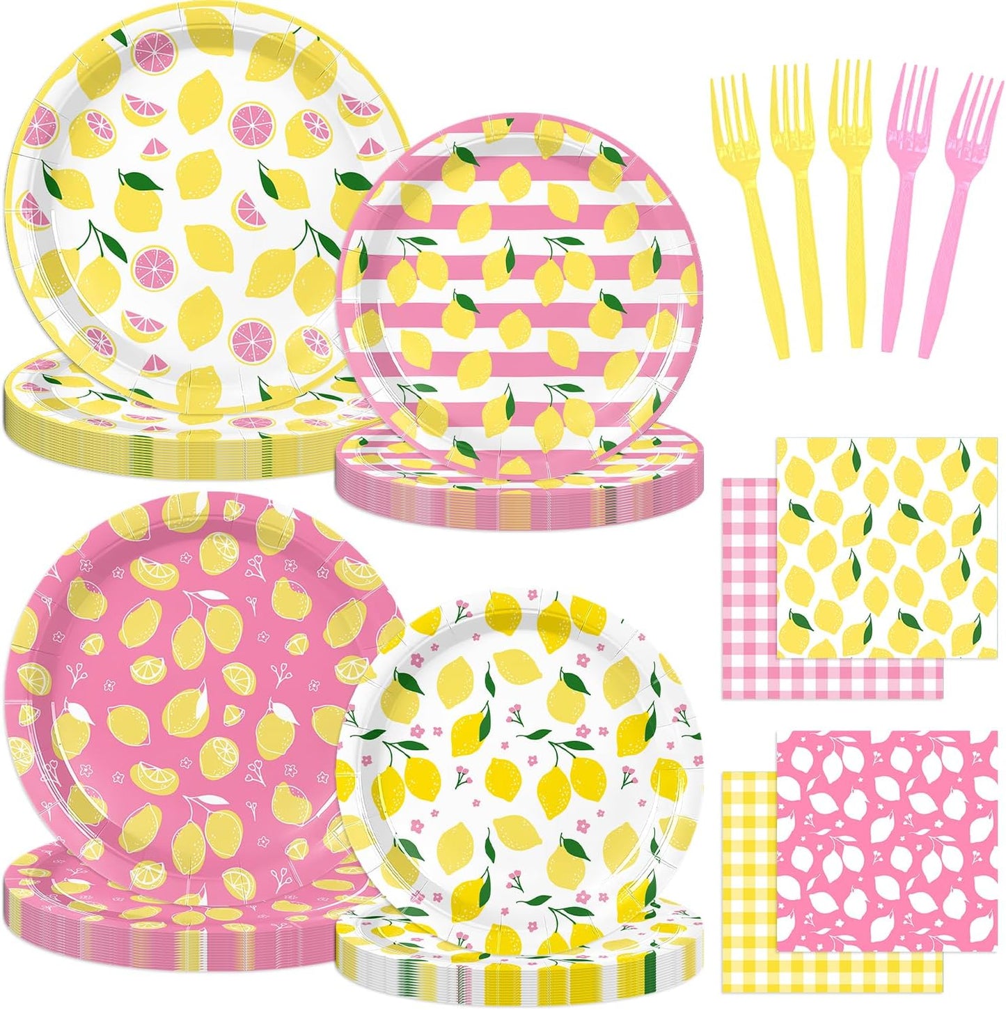96PCS Lemon Party Supplies for Birthday Pink and Yellow Lemon Party Decorations Fruit Lemonade Theme Paper Plates Cups Napkins Tableware for Summer BBQ Picnic 24 Guests