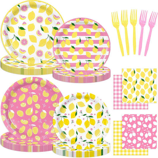96PCS Lemon Party Supplies for Birthday Pink and Yellow Lemon Party Decorations Fruit Lemonade Theme Paper Plates Cups Napkins Tableware for Summer BBQ Picnic 24 Guests