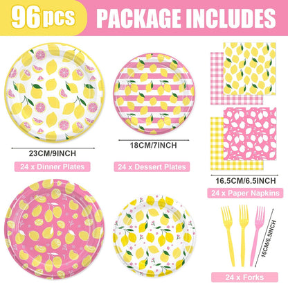 96PCS Lemon Party Supplies for Birthday Pink and Yellow Lemon Party Decorations Fruit Lemonade Theme Paper Plates Cups Napkins Tableware for Summer BBQ Picnic 24 Guests