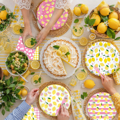 96PCS Lemon Party Supplies for Birthday Pink and Yellow Lemon Party Decorations Fruit Lemonade Theme Paper Plates Cups Napkins Tableware for Summer BBQ Picnic 24 Guests
