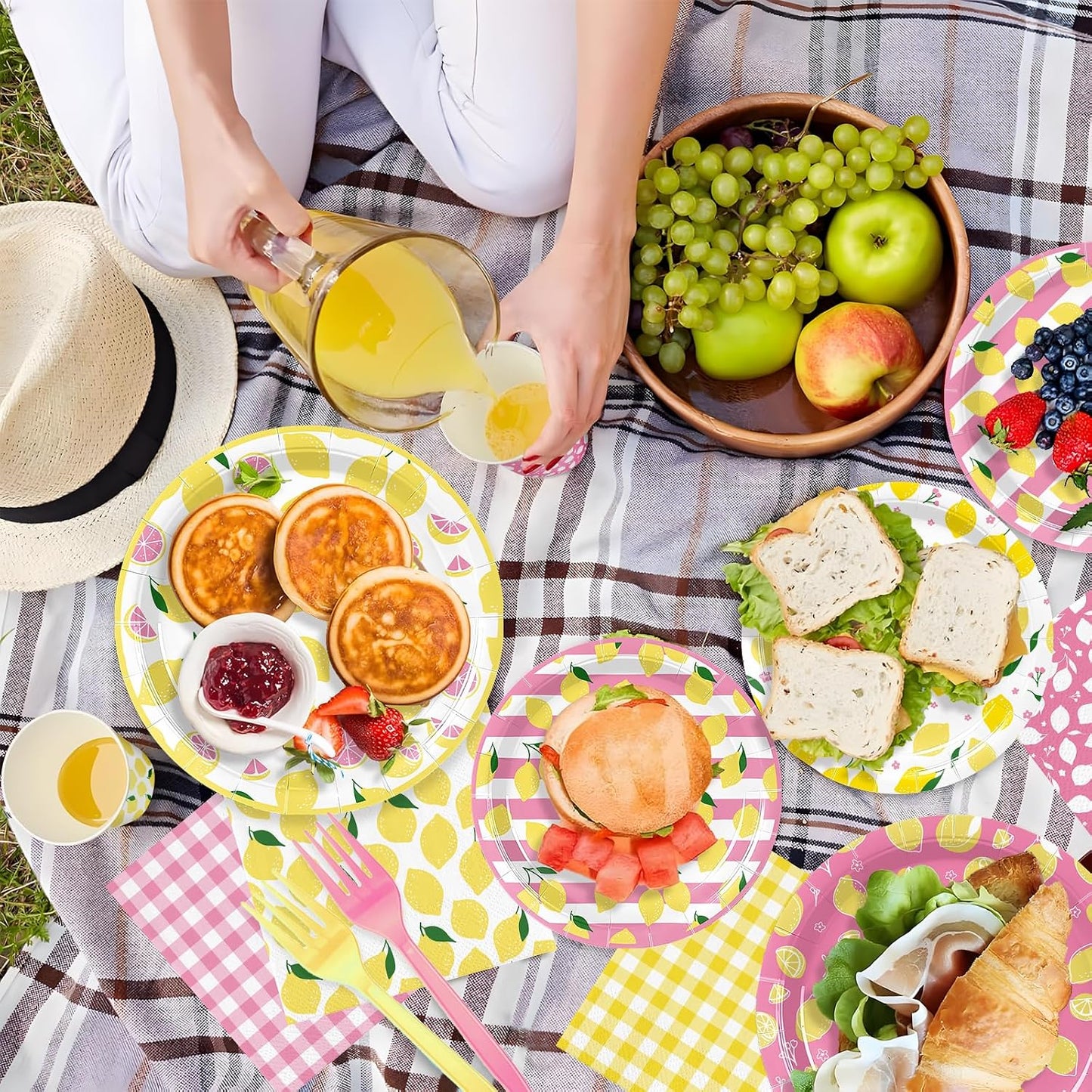96PCS Lemon Party Supplies for Birthday Pink and Yellow Lemon Party Decorations Fruit Lemonade Theme Paper Plates Cups Napkins Tableware for Summer BBQ Picnic 24 Guests