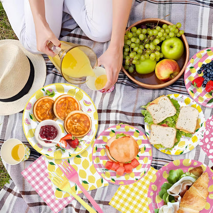 96PCS Lemon Party Supplies for Birthday Pink and Yellow Lemon Party Decorations Fruit Lemonade Theme Paper Plates Cups Napkins Tableware for Summer BBQ Picnic 24 Guests