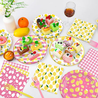 96PCS Lemon Party Supplies for Birthday Pink and Yellow Lemon Party Decorations Fruit Lemonade Theme Paper Plates Cups Napkins Tableware for Summer BBQ Picnic 24 Guests