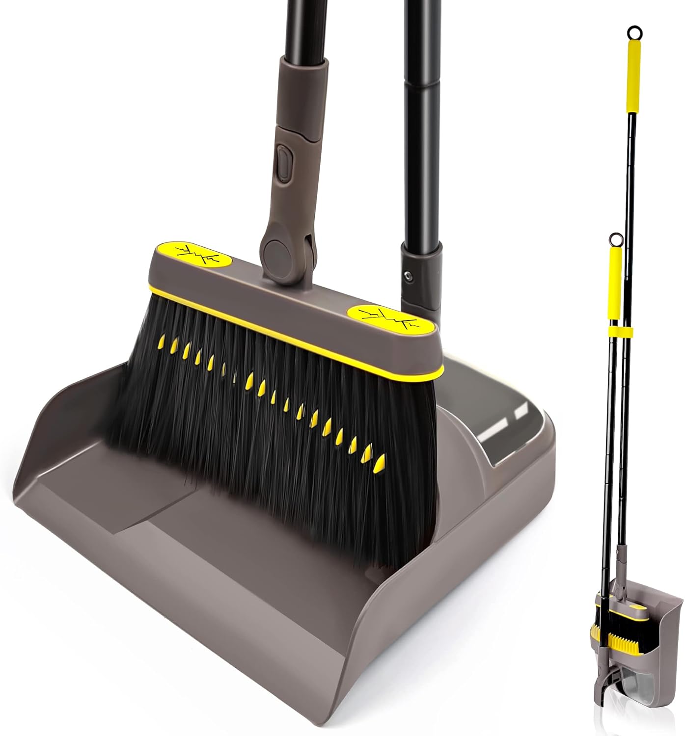 Broom with Dustpan Combo Set, Long Handle Lightweight 180 Degree Rotating Sweeping Brush Indoor, Upright Standing Dust Pan with Comb Teeth for Home Room Kitchen Office Lobby (Brown Yellow)