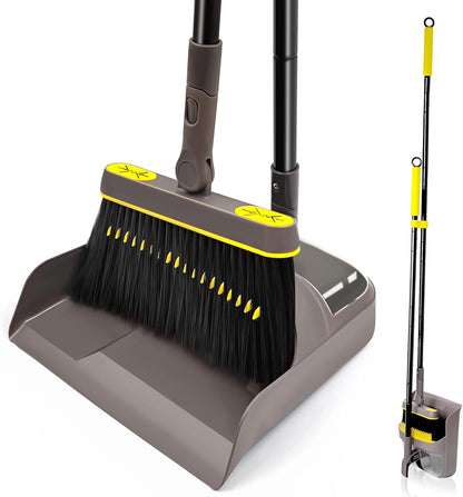 Broom with Dustpan Combo Set, Long Handle Lightweight 180 Degree Rotating Sweeping Brush Indoor, Upright Standing Dust Pan with Comb Teeth for Home Room Kitchen Office Lobby (Brown Yellow)