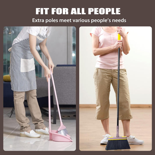 Broom with Dustpan Combo Set, Long Handle Lightweight 180 Degree Rotating Sweeping Brush Indoor, Upright Standing Dust Pan with Comb Teeth for Home Room Kitchen Office Lobby (Brown Yellow)