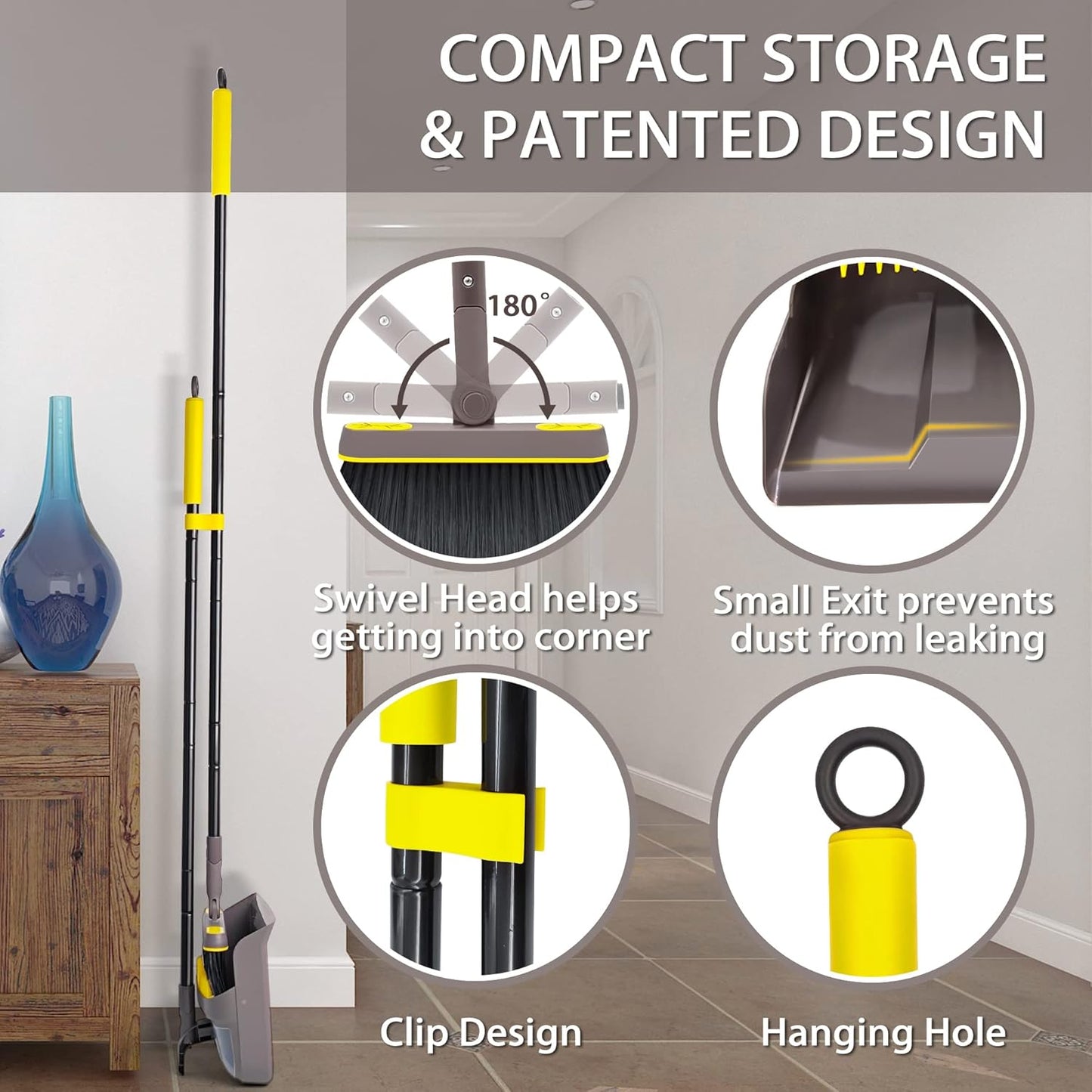 Broom with Dustpan Combo Set, Long Handle Lightweight 180 Degree Rotating Sweeping Brush Indoor, Upright Standing Dust Pan with Comb Teeth for Home Room Kitchen Office Lobby (Brown Yellow)