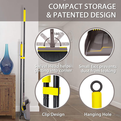 Broom with Dustpan Combo Set, Long Handle Lightweight 180 Degree Rotating Sweeping Brush Indoor, Upright Standing Dust Pan with Comb Teeth for Home Room Kitchen Office Lobby (Brown Yellow)