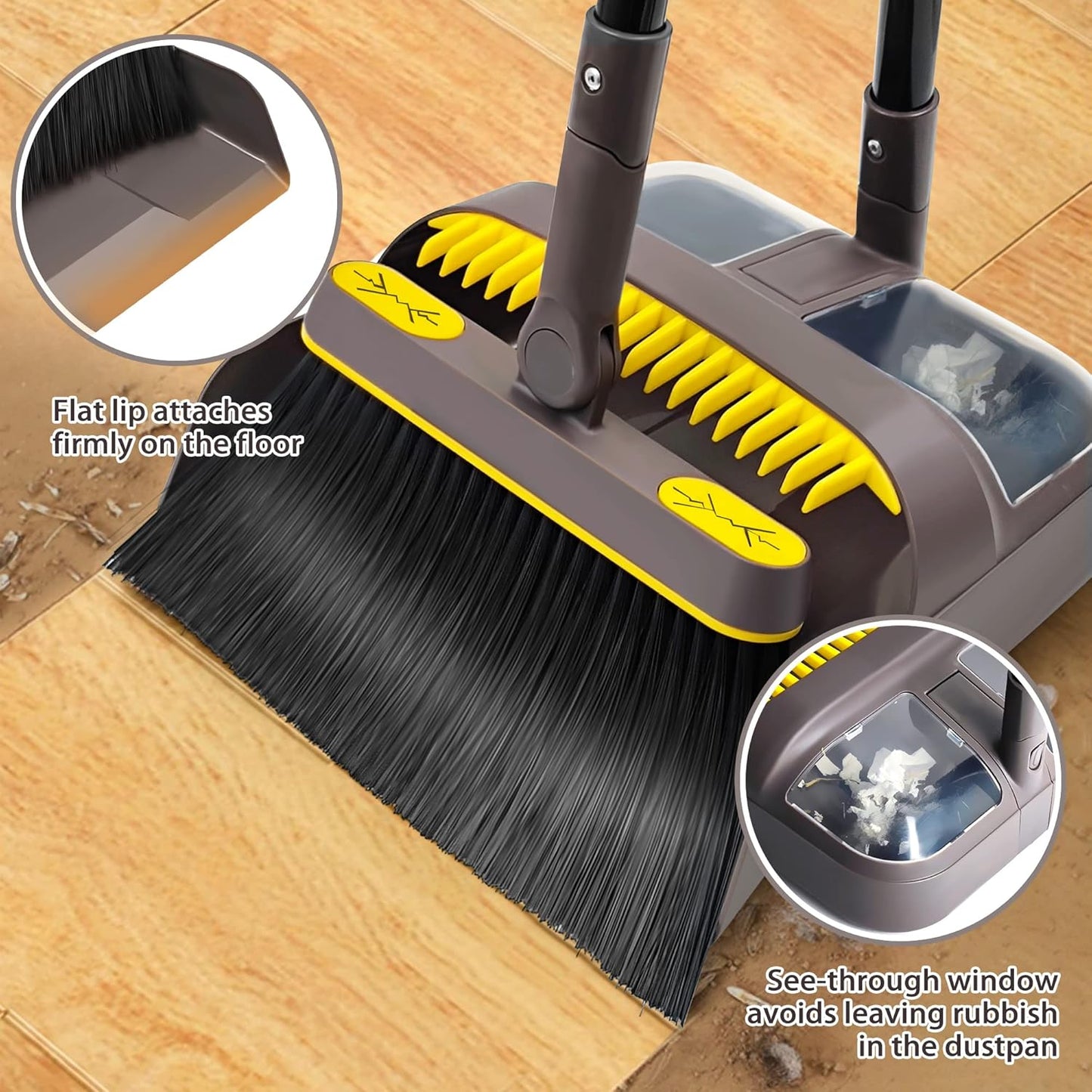 Broom with Dustpan Combo Set, Long Handle Lightweight 180 Degree Rotating Sweeping Brush Indoor, Upright Standing Dust Pan with Comb Teeth for Home Room Kitchen Office Lobby (Brown Yellow)