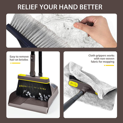 Broom with Dustpan Combo Set, Long Handle Lightweight 180 Degree Rotating Sweeping Brush Indoor, Upright Standing Dust Pan with Comb Teeth for Home Room Kitchen Office Lobby (Brown Yellow)