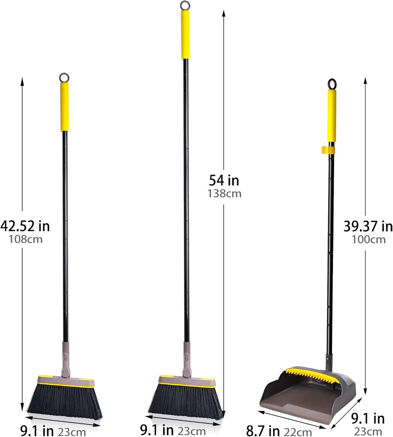 Broom with Dustpan Combo Set, Long Handle Lightweight 180 Degree Rotating Sweeping Brush Indoor, Upright Standing Dust Pan with Comb Teeth for Home Room Kitchen Office Lobby (Brown Yellow)
