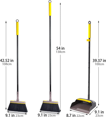 Broom with Dustpan Combo Set, Long Handle Lightweight 180 Degree Rotating Sweeping Brush Indoor, Upright Standing Dust Pan with Comb Teeth for Home Room Kitchen Office Lobby (Brown Yellow)