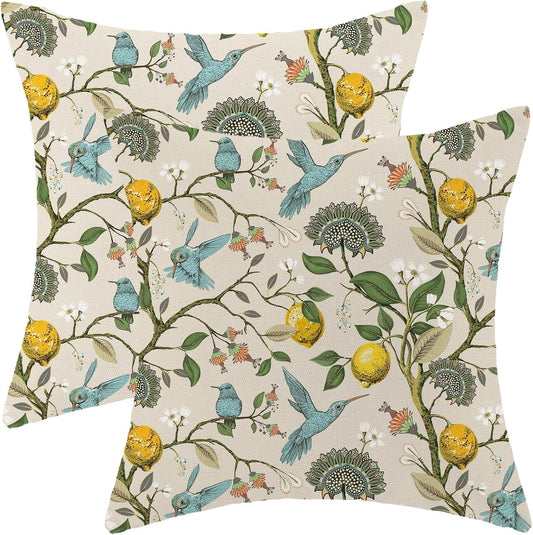 Chinoiserie Pillow Covers 20x20 Set of 2 Vintage Yellow Blue Birds Floral Lemon Throw Pillow Covers Outdoor Decoration Spring Summer Pillowcase Farmhouse Decorative Cushion Case for Sofa Couch