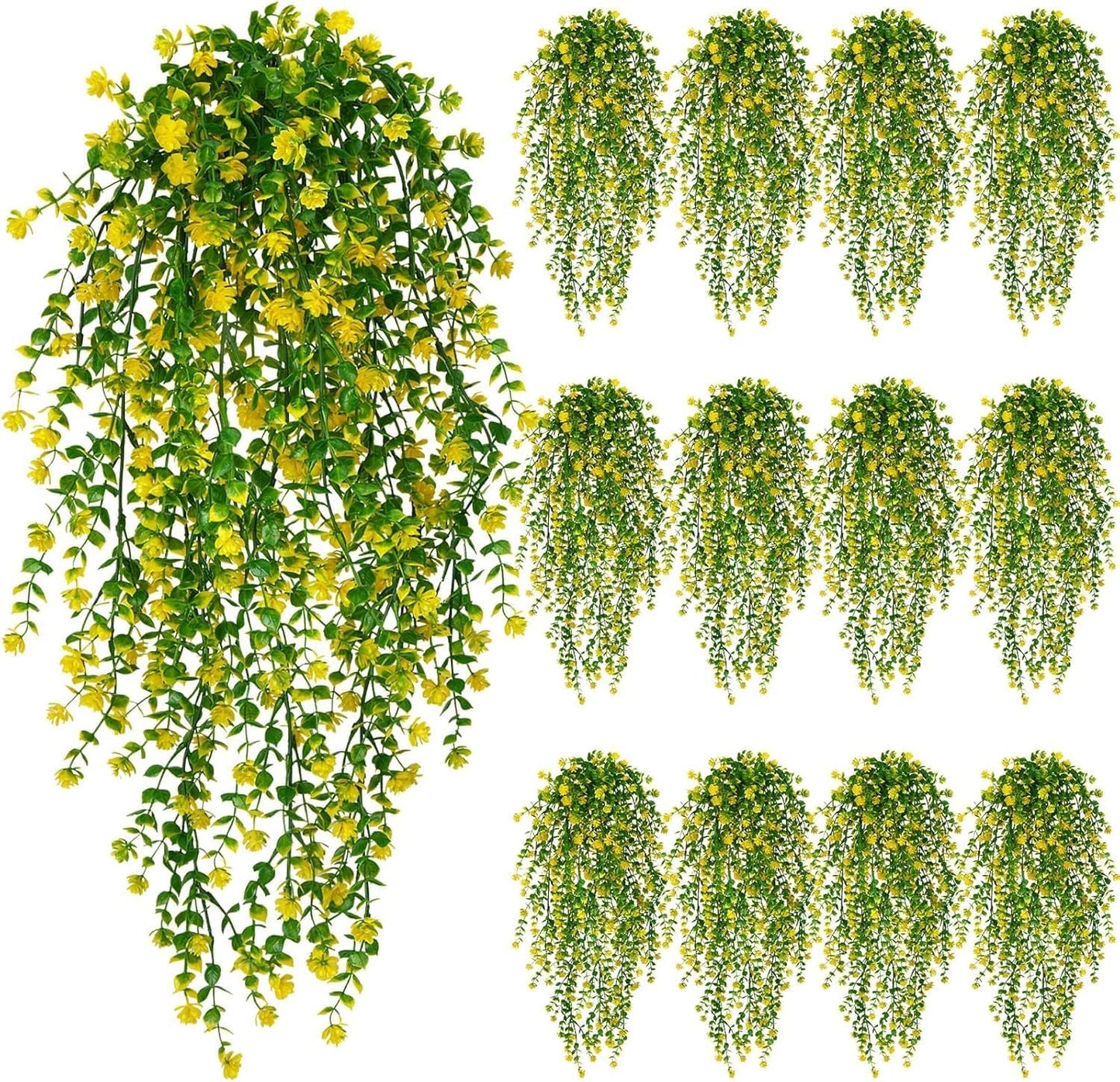 12 Pcs Outdoor Hanging Plants, Artificial Hanging Flowers, Yellow | Faux Trailing Greenery, Hanging Eucalyptus, 30in, UV Resistant, Plastic, Indoor Outdoor Wall Garden, Front Porch Home Decor