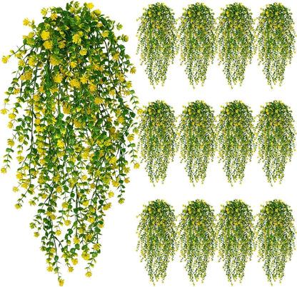 12 Pcs Outdoor Hanging Plants, Artificial Hanging Flowers, Yellow | Faux Trailing Greenery, Hanging Eucalyptus, 30in, UV Resistant, Plastic, Indoor Outdoor Wall Garden, Front Porch Home Decor
