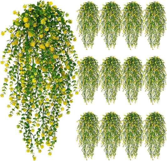 12 Pcs Outdoor Hanging Plants, Artificial Hanging Flowers, Yellow | Faux Trailing Greenery, Hanging Eucalyptus, 30in, UV Resistant, Plastic, Indoor Outdoor Wall Garden, Front Porch Home Decor