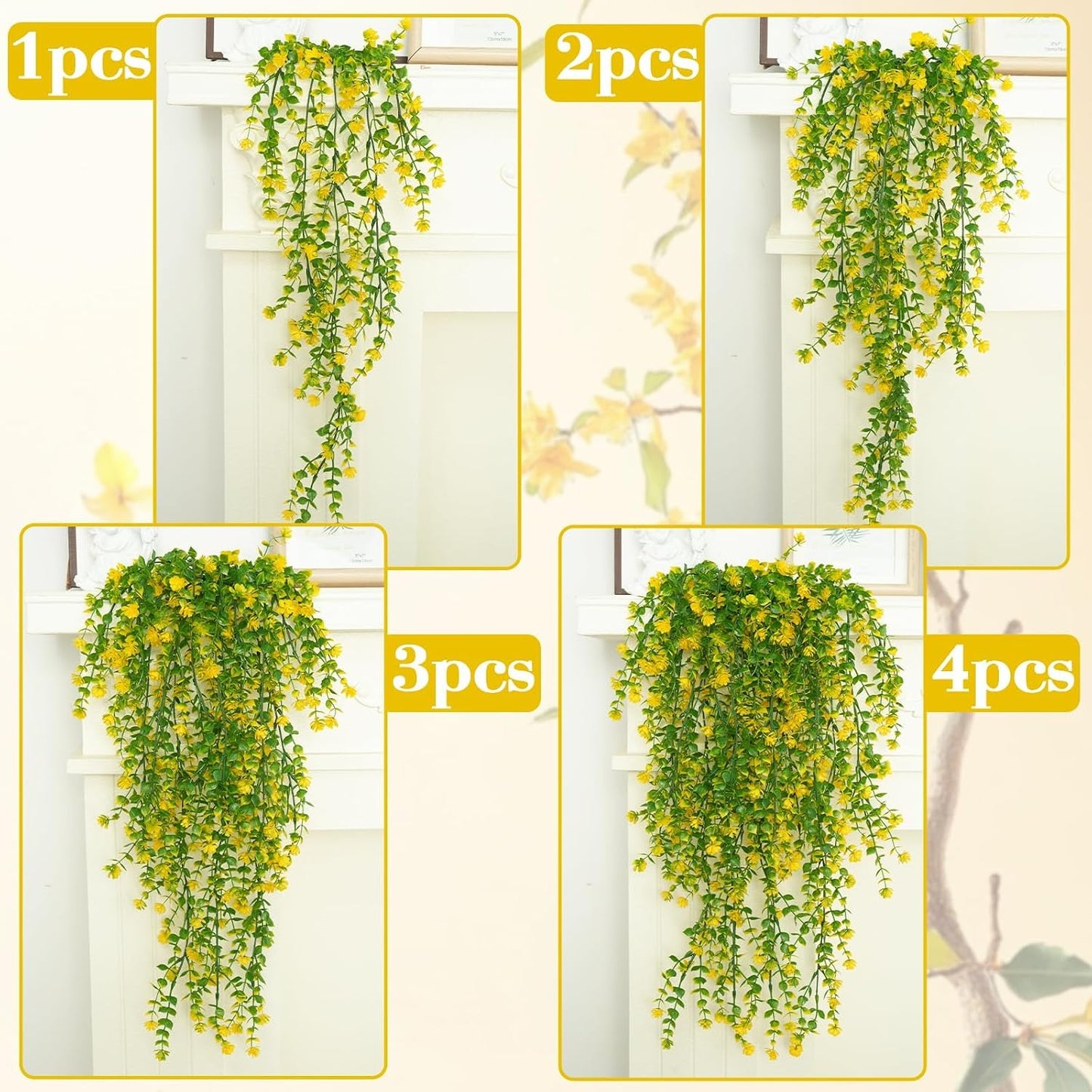 12 Pcs Outdoor Hanging Plants, Artificial Hanging Flowers, Yellow | Faux Trailing Greenery, Hanging Eucalyptus, 30in, UV Resistant, Plastic, Indoor Outdoor Wall Garden, Front Porch Home Decor