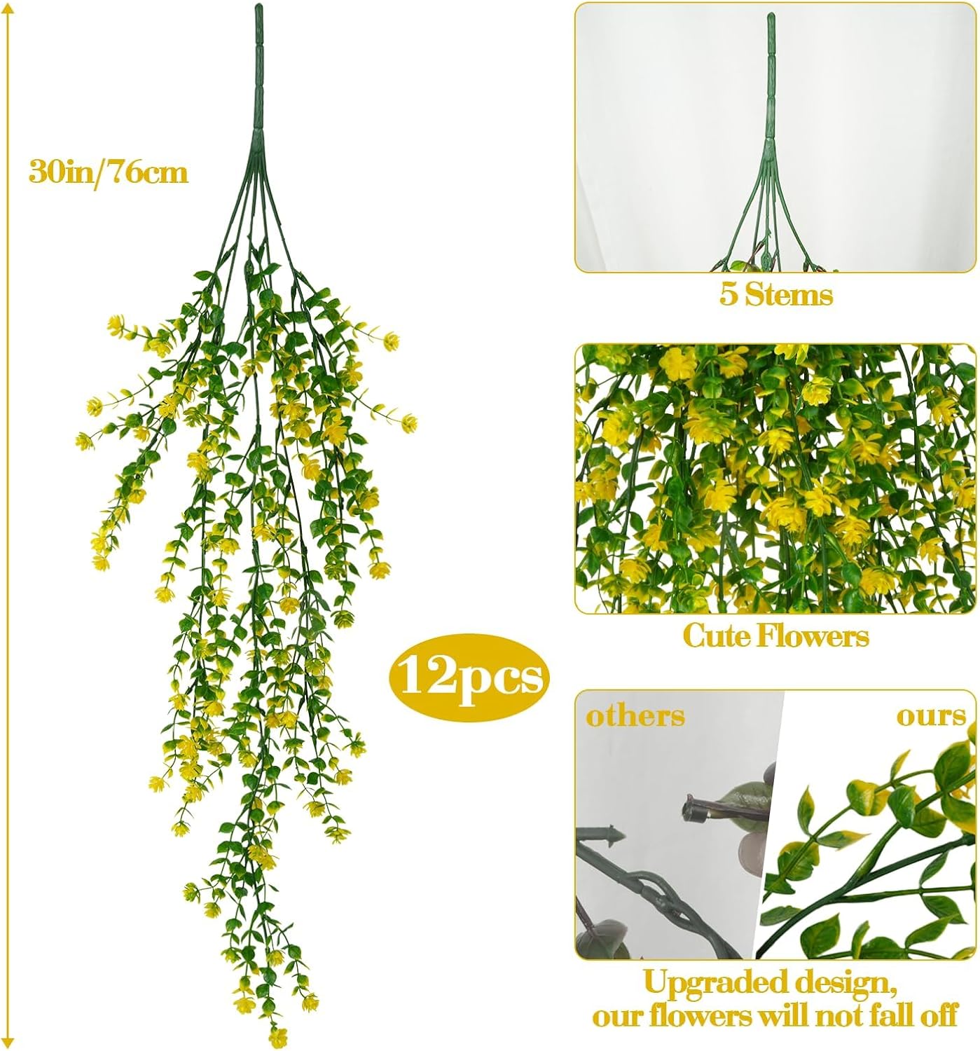 12 Pcs Outdoor Hanging Plants, Artificial Hanging Flowers, Yellow | Faux Trailing Greenery, Hanging Eucalyptus, 30in, UV Resistant, Plastic, Indoor Outdoor Wall Garden, Front Porch Home Decor