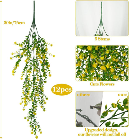 12 Pcs Outdoor Hanging Plants, Artificial Hanging Flowers, Yellow | Faux Trailing Greenery, Hanging Eucalyptus, 30in, UV Resistant, Plastic, Indoor Outdoor Wall Garden, Front Porch Home Decor